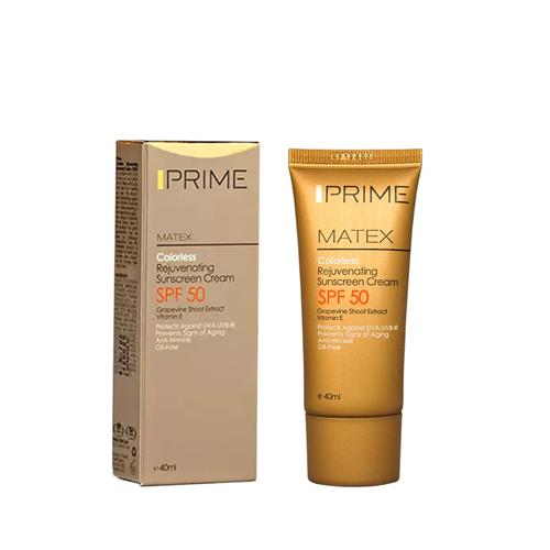 کرم ضد آفتاب جوان کننده پریم مدل Matex Colorless SPF 50 حجم 40 میلی لیتر